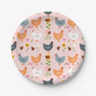 Chickens in the Garden with Flowers and Bugs Paper Plate