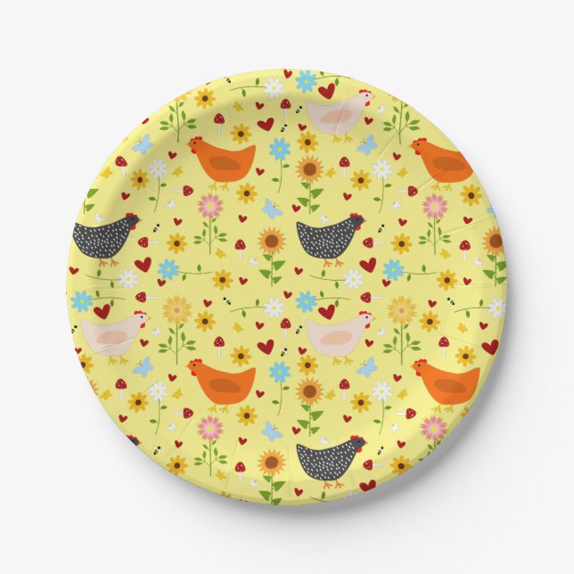 Chickens in the Garden with Flowers and Bugs Paper Plate (Front)
