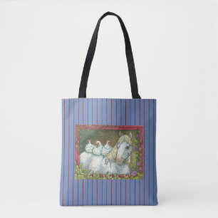 CHICKENS IN THE STABLE, HORSE TOTE BAG *Blue