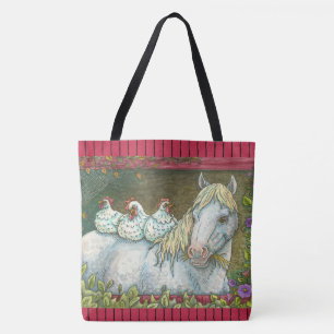 CHICKENS IN THE STABLE, HORSE TOTE BAG Red