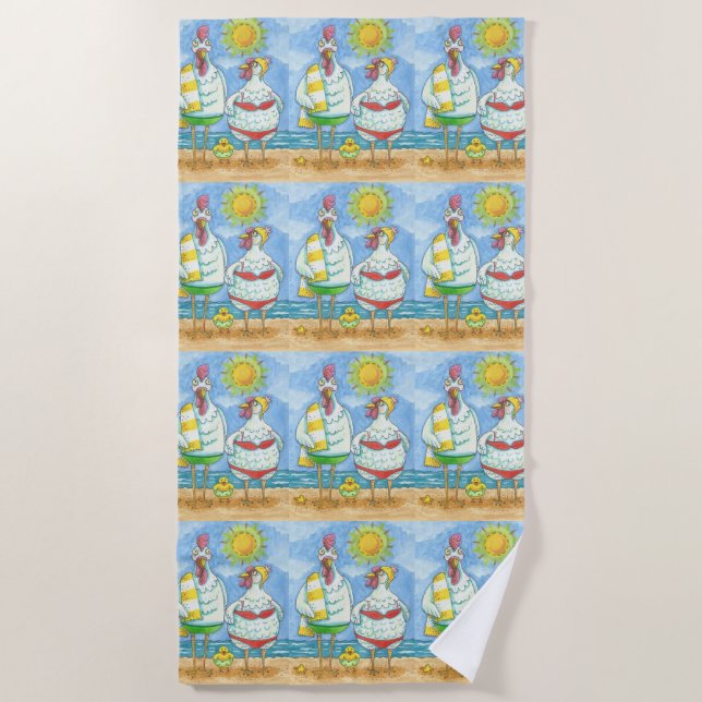 CHICKENS OF THE SEA, FUNNY CARTOON BEACH TOWEL (Front)