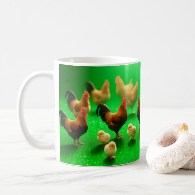 Chickens on a Green Background  Coffee Mug (With Donut)