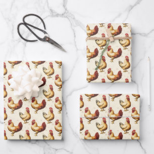 Chickens on Ivory Wrapping Paper Sheet