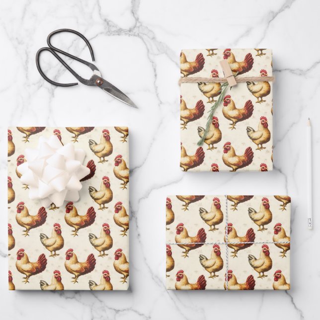 Chickens on Ivory Wrapping Paper Sheet (Front)