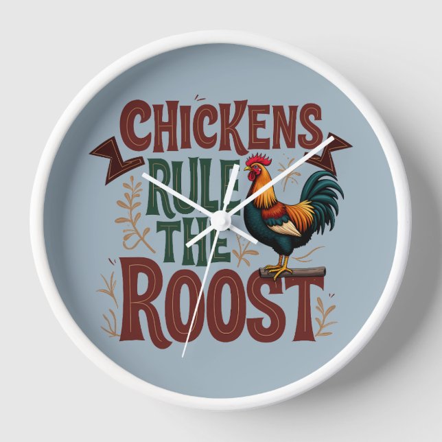 Chickens Rule the Roost Rustic Farm Illustration Clock (Front)