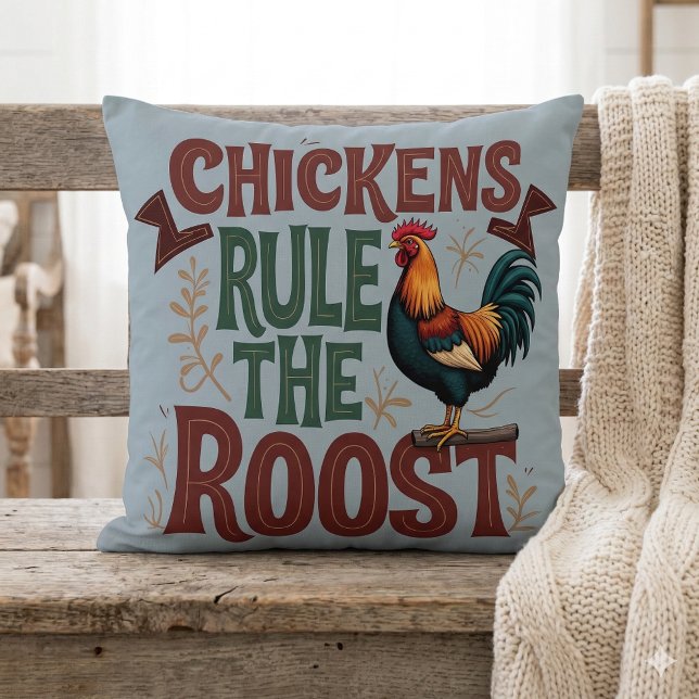 Chickens Rule the Roost Rustic Farm Illustration Cushion (Chickens Rule the Roost Rustic Farm Illustration Throw Pillow Mockup A)