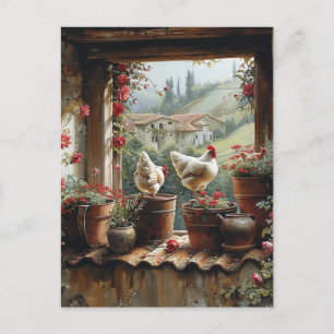 Chickens Rusty Bucket Clay Pots Tiles Country Postcard