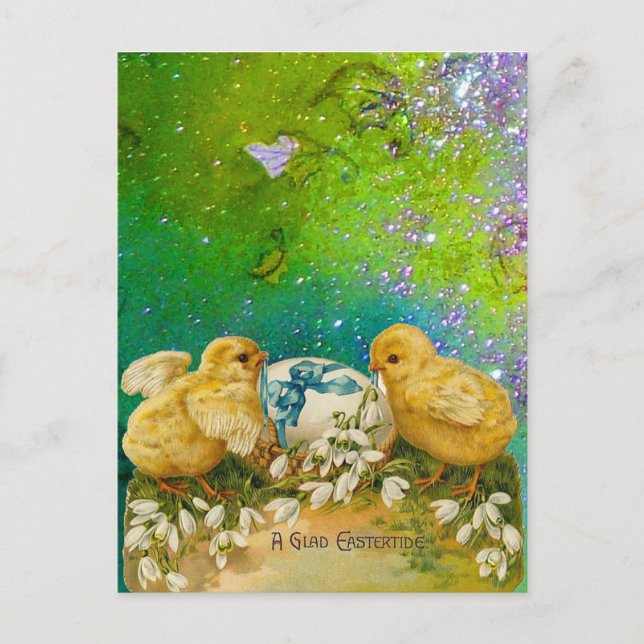 CHICKENS, SNOWDROPS AND EASTER EGG WITH BLUE BOW HOLIDAY POSTCARD (Front)