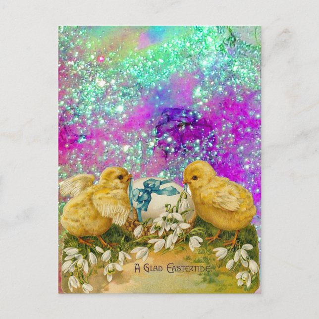 CHICKENS, SNOWDROPS AND EASTER EGG WITH BLUE BOW HOLIDAY POSTCARD (Front)