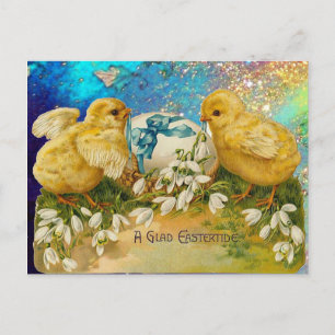 CHICKENS, SNOWDROPS AND EASTER EGG WITH BLUE BOW HOLIDAY POSTCARD
