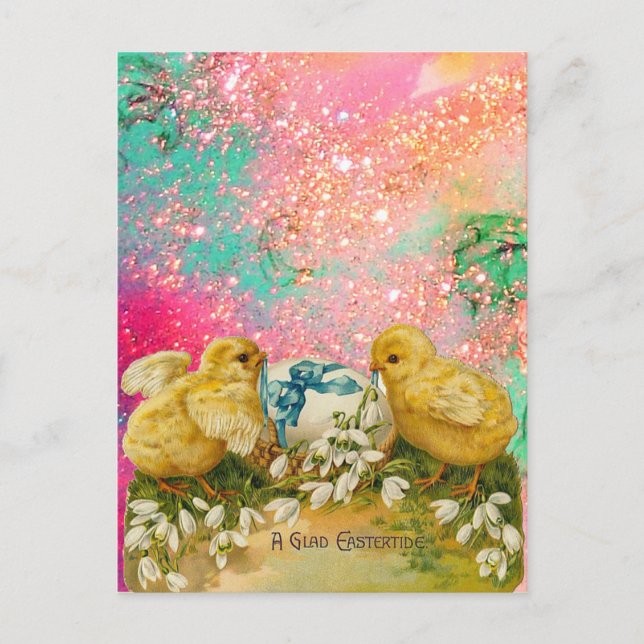 CHICKENS, SNOWDROPS AND EASTER EGG WITH BLUE BOW HOLIDAY POSTCARD (Front)