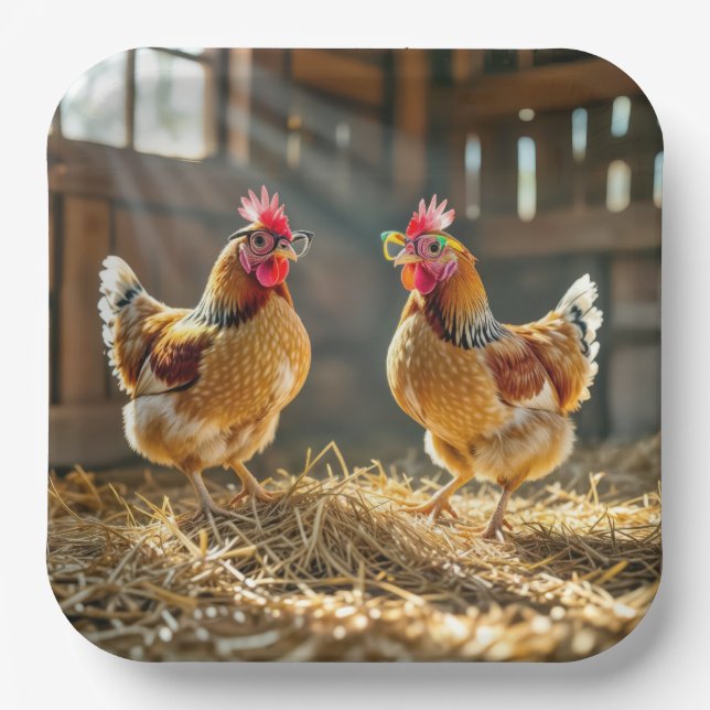 Chickens Wearing Eyeglasses In a Sunny Barn Paper Plate (Front)