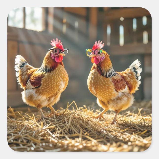 Chickens Wearing Eyeglasses In a Sunny Barn Square Sticker (Front)