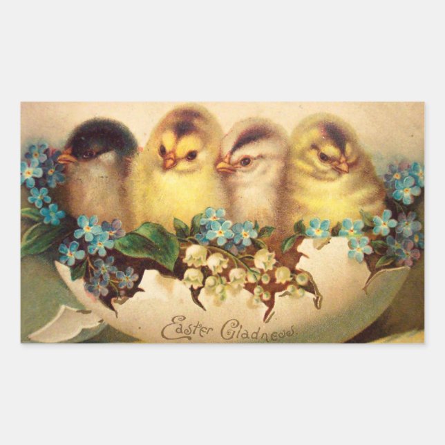 CHICKENS WITH BLUE WHITE FLOWERS IN EASTER EGG RECTANGULAR STICKER (Front)