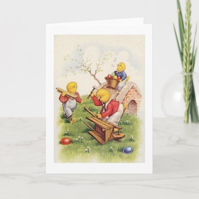 Chicks Build an Easter Cart! Vintage Easter Card (Front)