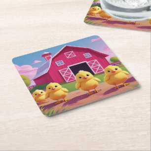 Chicks in Barnyard Happy Spring  Square Paper Coaster