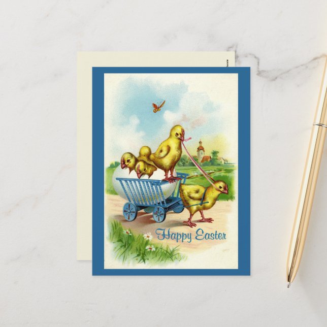 Chicky Wagon Easter Vintage Postcard (Front/Back In Situ)