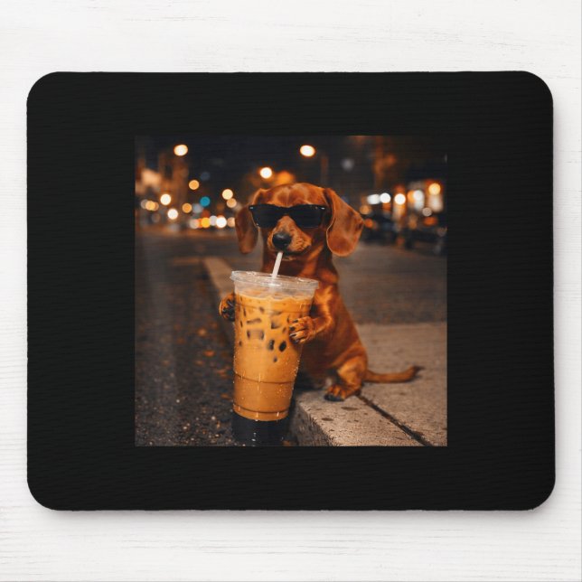 Chihua funny dachshund drinking iced coffee lover mouse pad (Front)