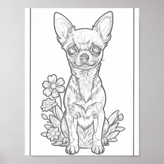 Chihuahua and Spring Flowers Colouring Page Poster
