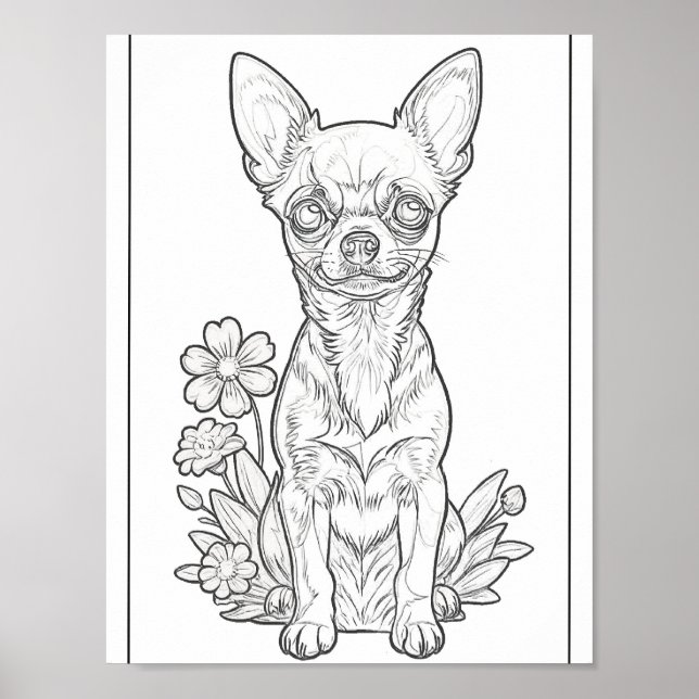 Chihuahua and Spring Flowers Colouring Page Poster (Front)