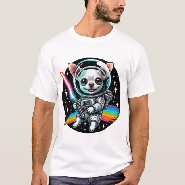  Chihuahua Astronaut with Rainbow Lightsaber in Sp T-Shirt (Front)