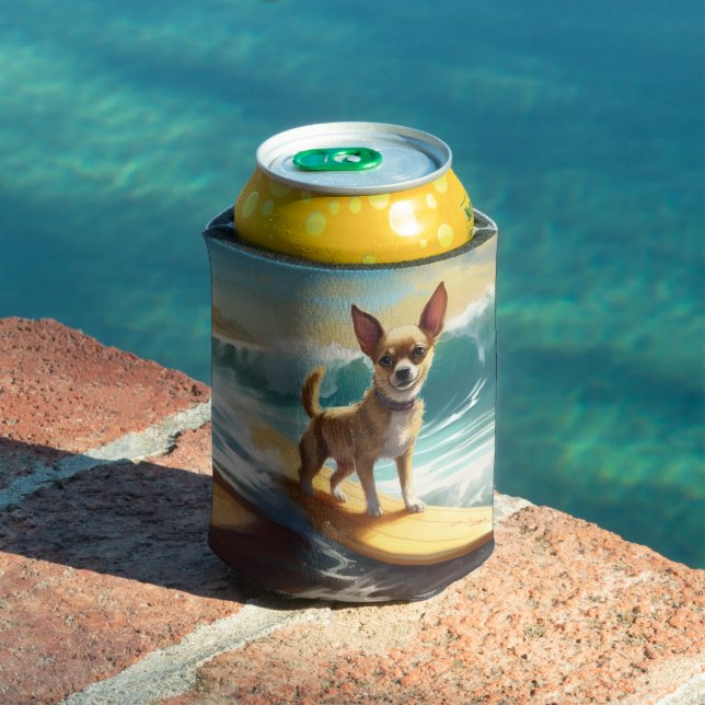 Chihuahua Beach Surfing Painting  Can Cooler (In Situ Pool)