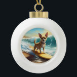 Chihuahua Beach Surfing Painting  Ceramic Ball Christmas Ornament<br><div class="desc">Immerse yourself in the playful world of canine adventure with this captivating painting. A spirited dog takes to the waves, skilfully riding the surf on a sun-kissed beach. The vibrant artwork beautifully captures the essence of beachside excitement as the dog fearlessly rides the waves, embodying the spirit of fun and...</div>