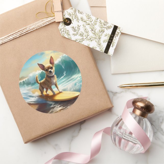 Chihuahua Beach Surfing Painting  Classic Round Sticker (Gifting)