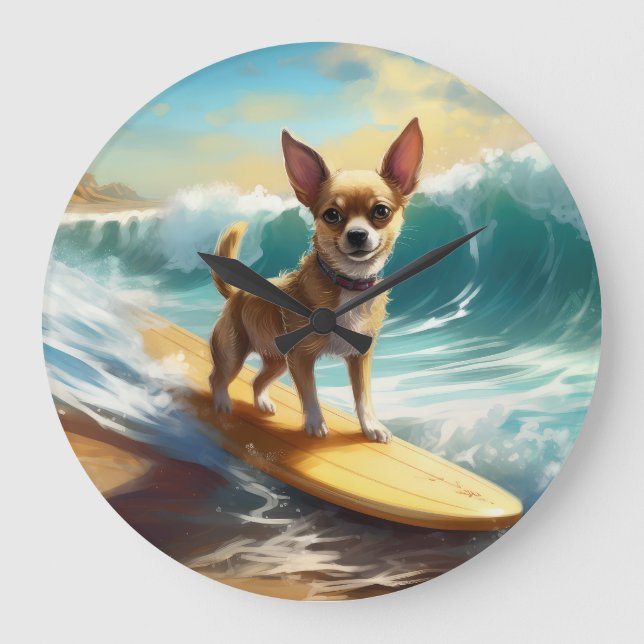Chihuahua Beach Surfing Painting  Large Clock (Front)