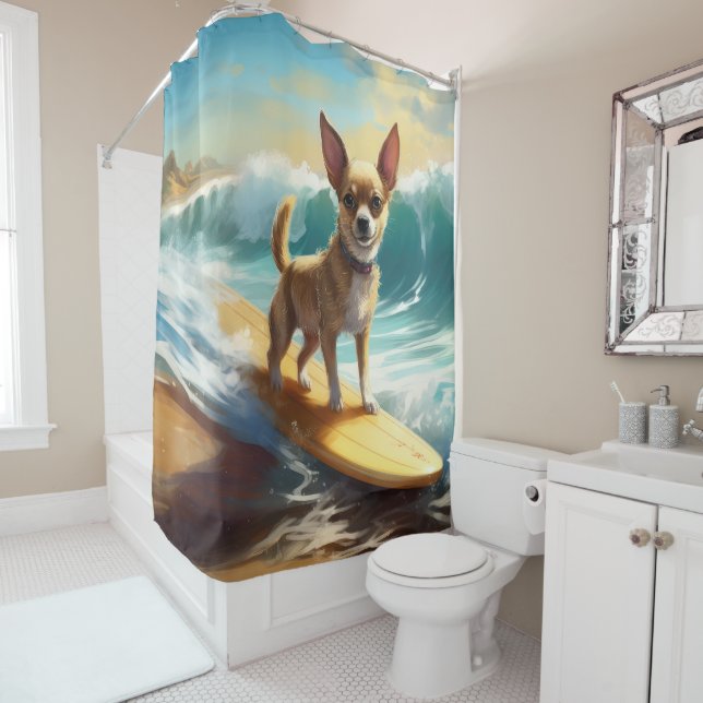 Chihuahua Beach Surfing Painting  Shower Curtain (In Situ)