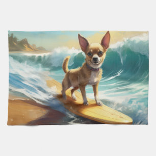 Chihuahua Beach Surfing Painting  Tea Towel