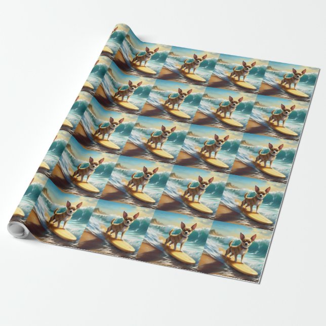 Chihuahua Beach Surfing Painting  Wrapping Paper (Unrolled)