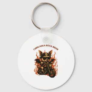 Chihuahua Biker Dog on Motorcycle with Flames Key Ring