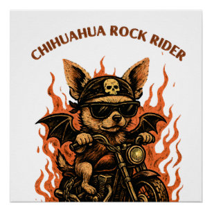 Chihuahua Biker Dog on Motorcycle with Flames Poster