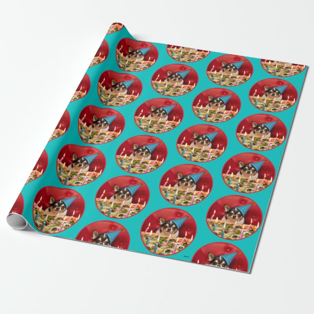 Chihuahua Birthday Pizza Pie Wrapping Paper (Unrolled)