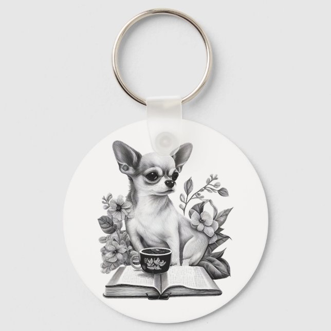 Chihuahua  Book  Coffee  Tea  Reading   Key Ring (Front)