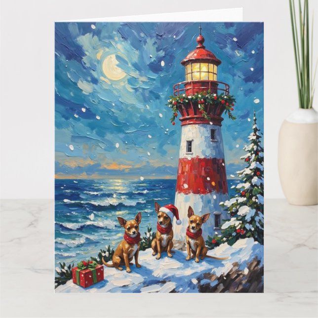 Chihuahua Christmas Lighthouse Holiday Card (Front)