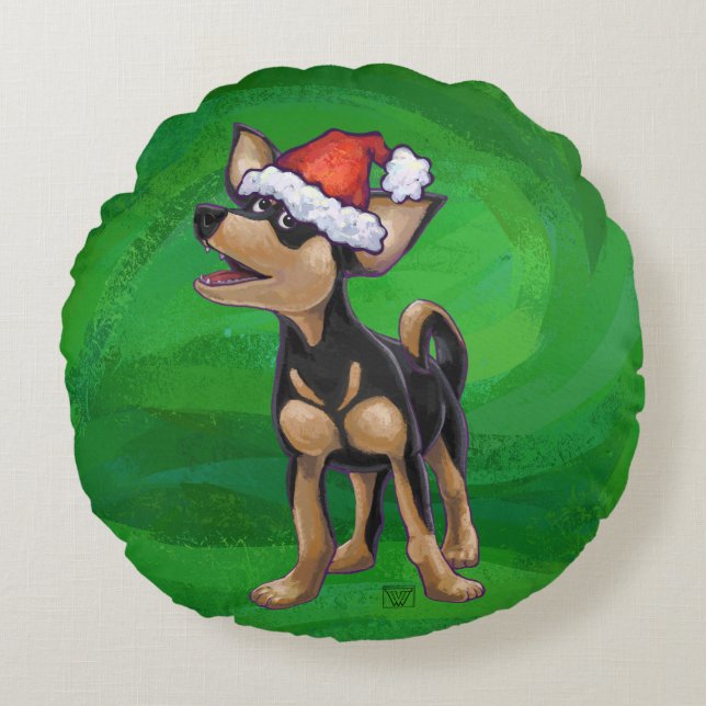 Chihuahua Christmas On Green Round Cushion (Front)