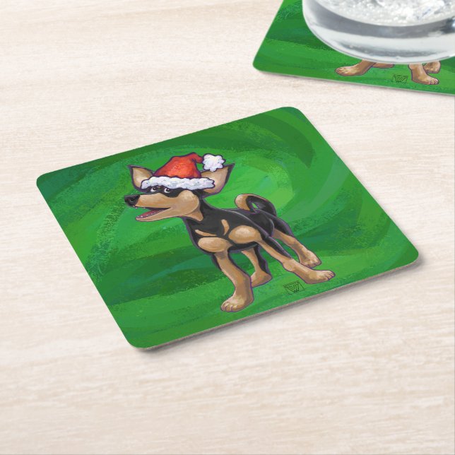 Chihuahua Christmas On Green Square Paper Coaster (Angled)