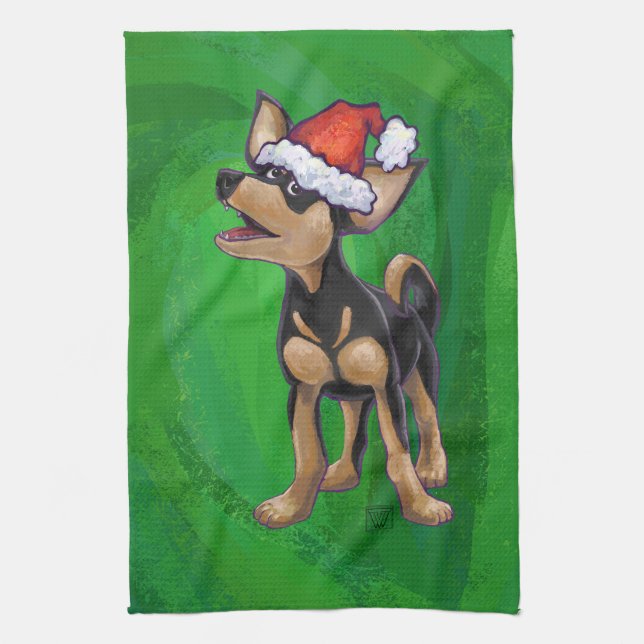 Chihuahua Christmas On Green Tea Towel (Vertical)