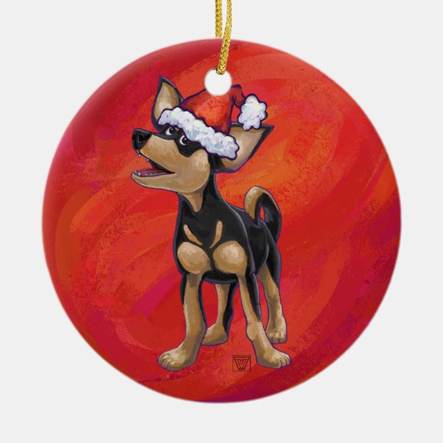 Chihuahua Christmas On Red Ceramic Tree Decoration (Front)