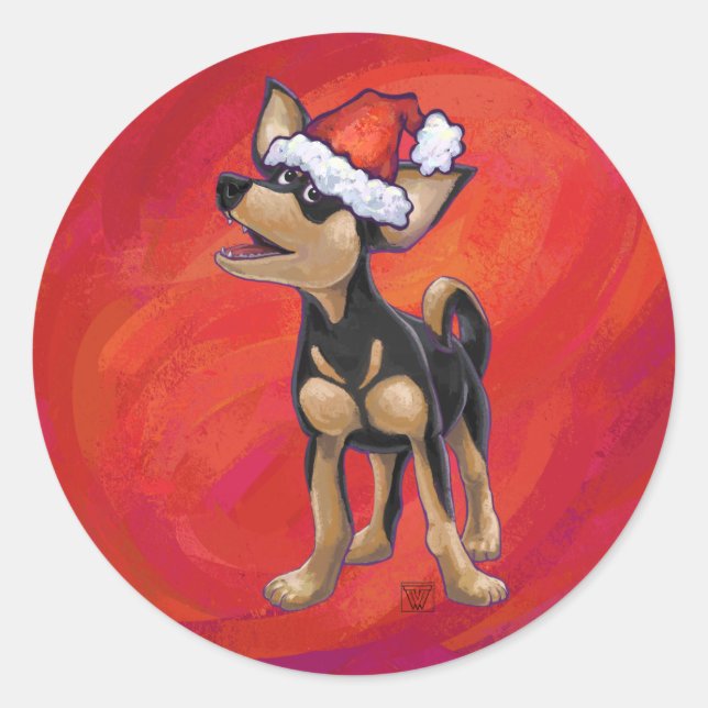 Chihuahua Christmas On Red Classic Round Sticker (Front)