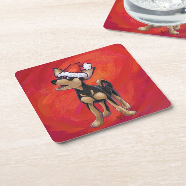 Chihuahua Christmas On Red Square Paper Coaster (Angled)