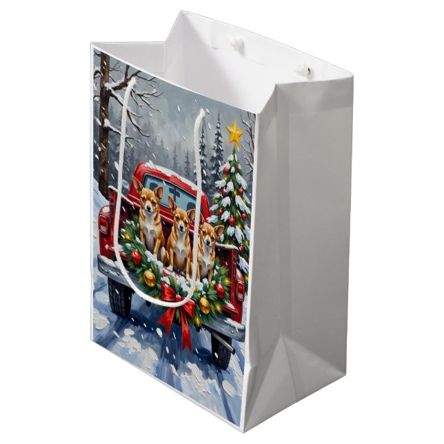 Chihuahua Christmas Red Truck Holiday Medium Gift Bag (Front Angled)