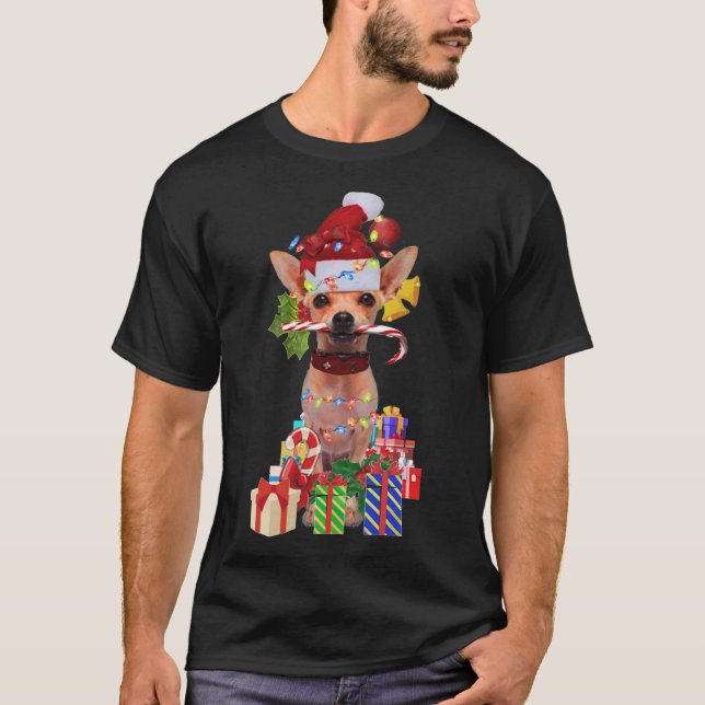 chihuahua Christmas Santa Hat Xmas Lights chihuahu T-Shirt (Front)