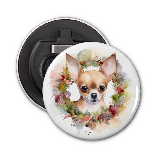 Chihuahua Christmas Wreath Festive Pup Bottle Opener (Front)