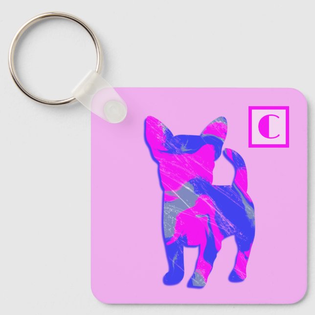 Chihuahua Cute Dog Pink & Blue Silhouette Monogram Key Ring (Front)