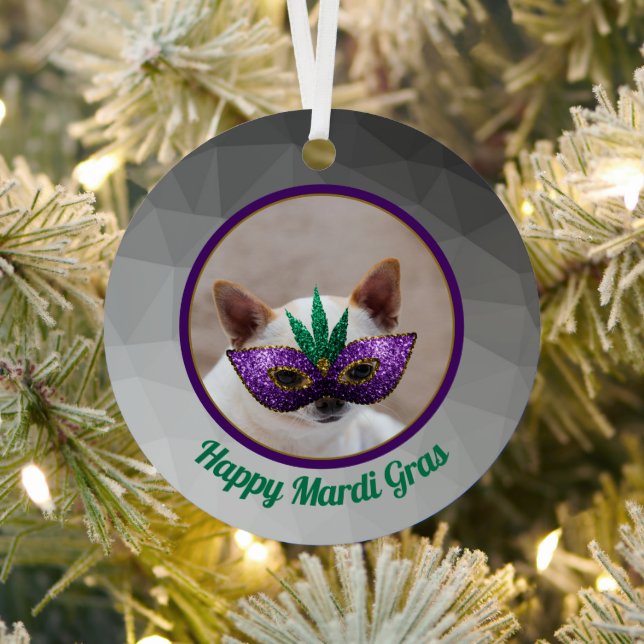 Chihuahua cute Happy Mardi Gras sparkly mask photo Metal Tree Decoration (Insitu)