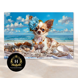 Chihuahua Dog Blue Floral Beach Shells Decoupage Tissue Paper