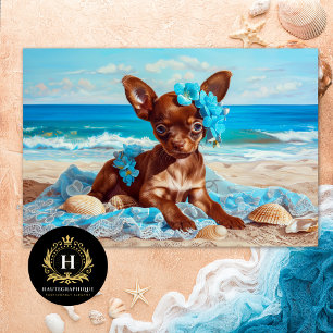 Chihuahua Dog Blue Floral Beach Shells Decoupage Tissue Paper